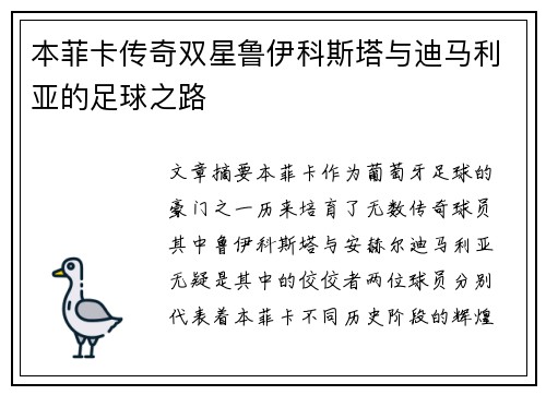 本菲卡传奇双星鲁伊科斯塔与迪马利亚的足球之路